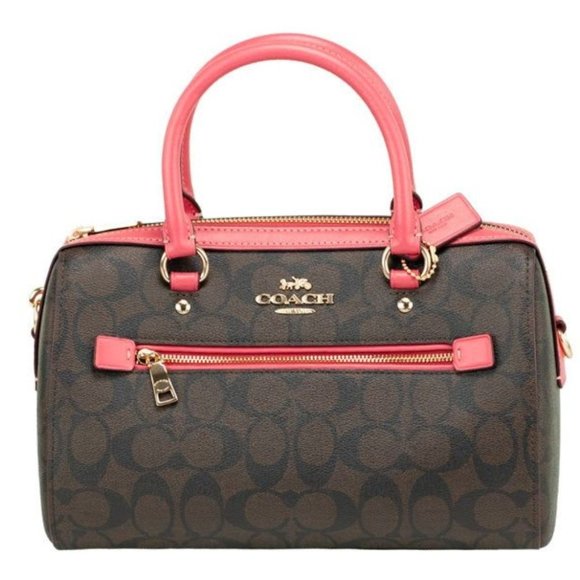 NEW Coach Rowan Medium Satchel Brown & Watermelon Signature Crossbody Handbag - Picture 2 of 7